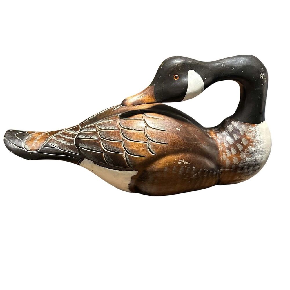 Vintage 1986 Hand Carved Wood Canada Goose Decoy 23in Preening Glass Eyes Large
